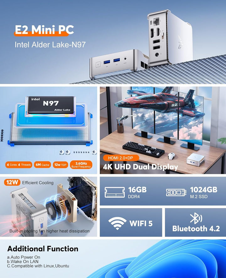Mini PC 16GB RAM, Windows 11 Pro Mini Desktop PC Intel Celeron J4125, 256GB ROM Mini Computer, Micro