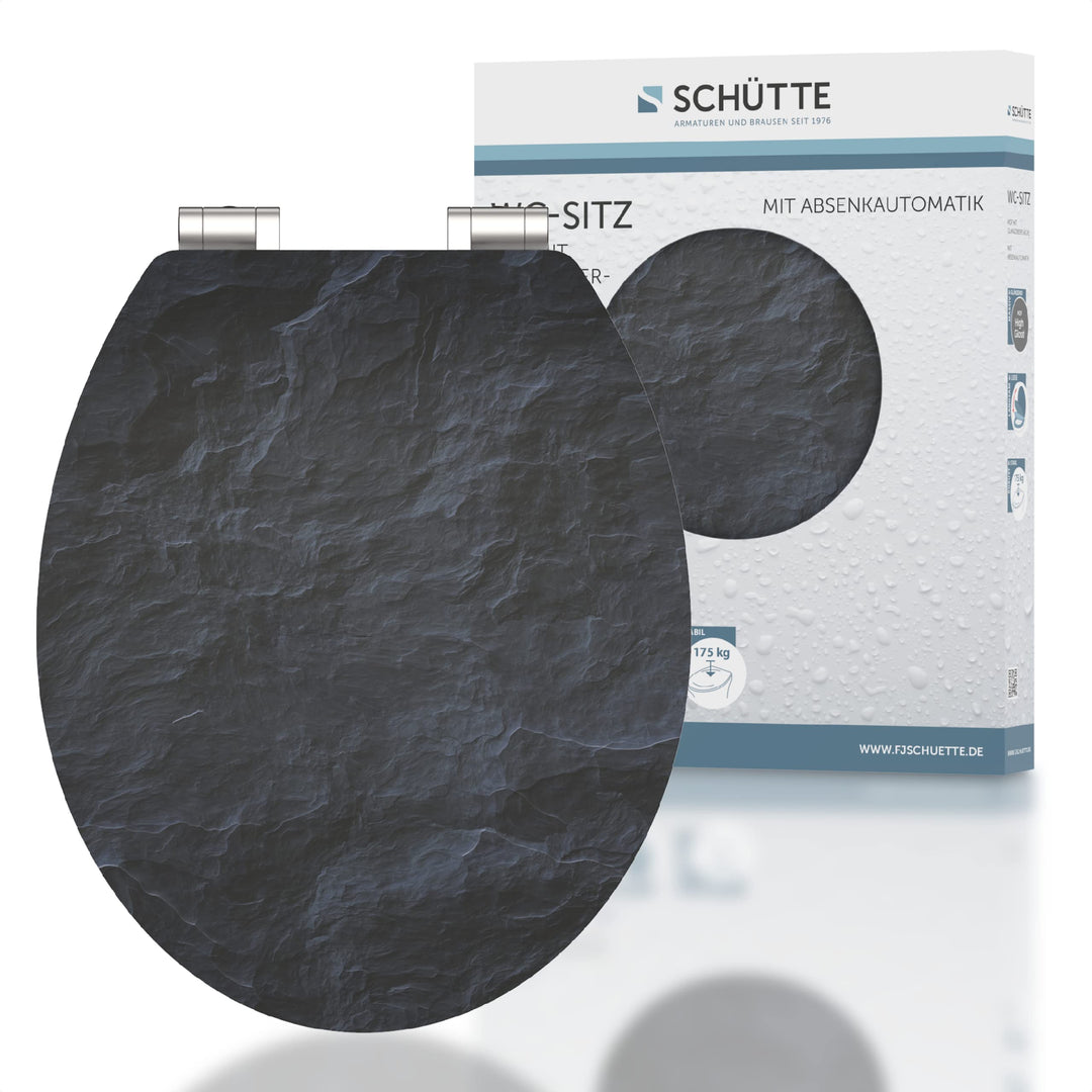 SCHÜTTE WC-Sitz Holzkern HG BLACK STONE, Hochglanz Toilettensitz mit Absenkautomatik, passend für al