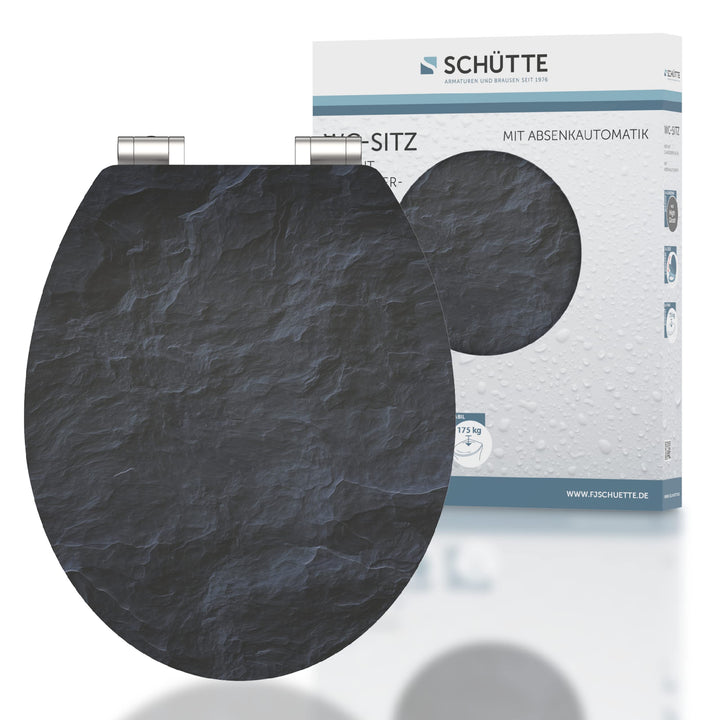 SCHÜTTE WC-Sitz Holzkern HG BLACK STONE, Hochglanz Toilettensitz mit Absenkautomatik, passend für al
