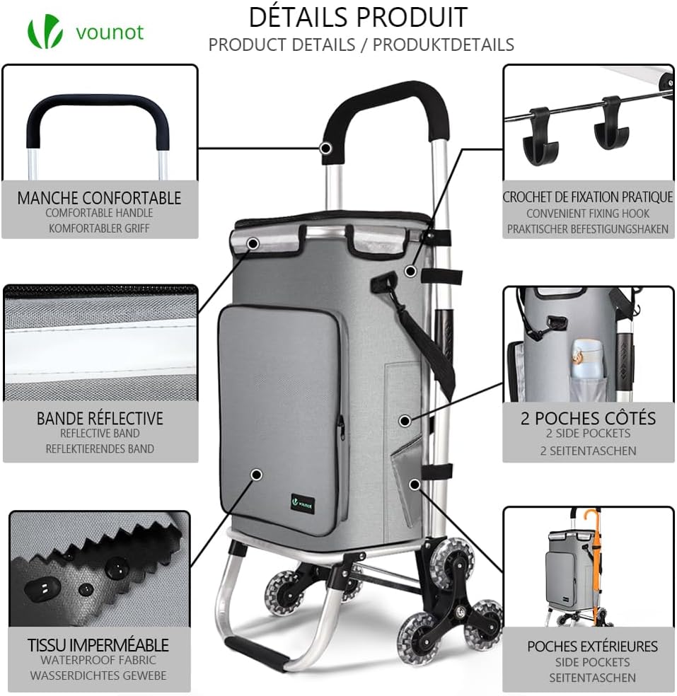 VOUNOT® Aluminium Einkaufstrolley Treppensteiger, 3 in 1 Trolly Einkaufswagen Klappbar, Hackenporsch