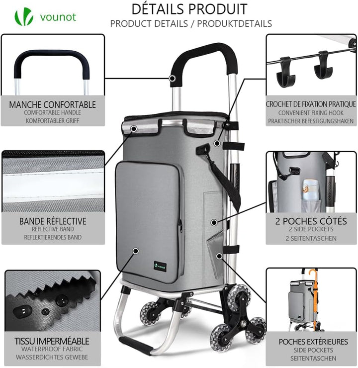 VOUNOT® Aluminium Einkaufstrolley Treppensteiger, 3 in 1 Trolly Einkaufswagen Klappbar, Hackenporsch