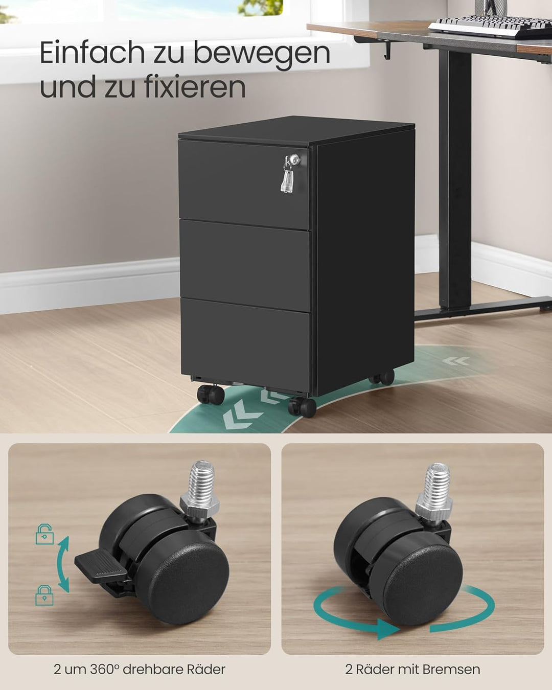 SONGMICS Schubladenschrank, Rollcontainer, mobiler Aktenschrank, Metallschrank, Druckertisch, abschl