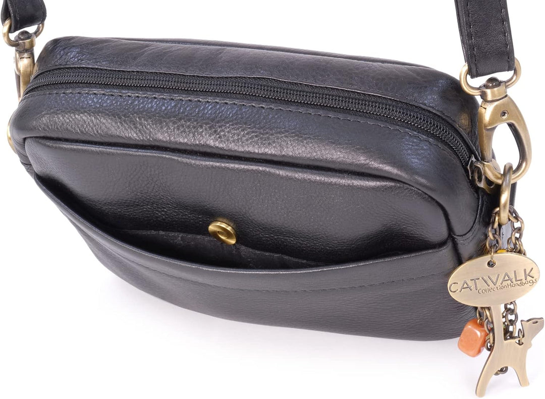 Catwalk Collection Handbags - Leder - Klein Umhängetasche Messenger/Schultertasche - POLLY Schwarz,