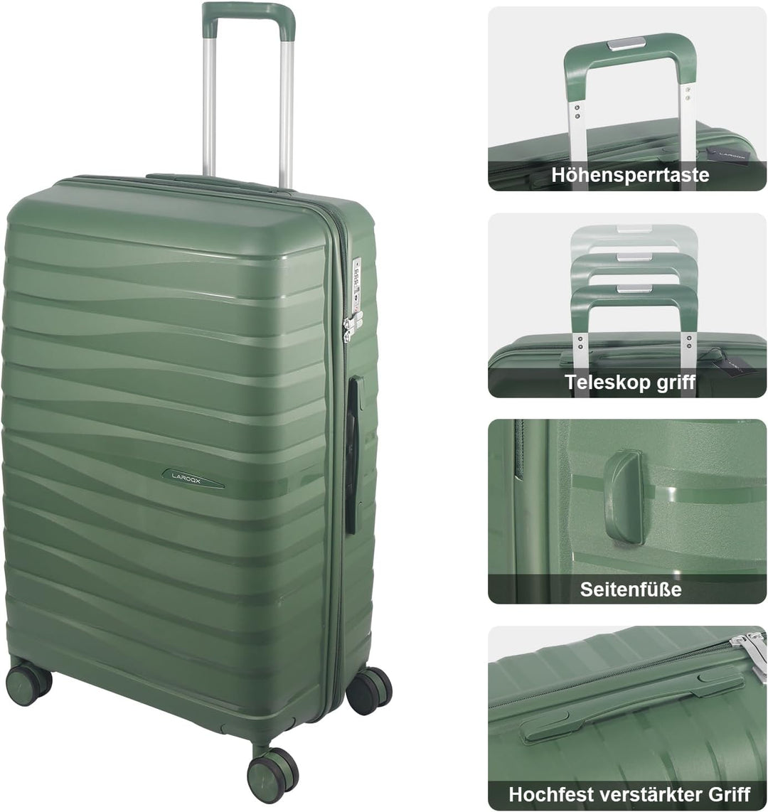 Hartschalen Kofferset 3-teilig aus Polypropylen, 55/66/74 cm (43L/65L/110L), Hochbelastbar, TSA Zahl
