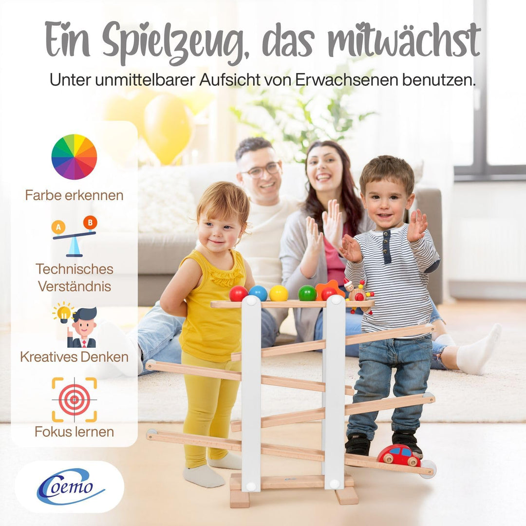 Stabile Kugelbahn L aus Holz Grau, 7 niedliche Mobile wie Auto, Blume, Kasper, Kugel, grosse Murmelb