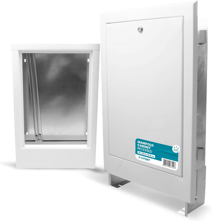 Verteilerschrank Zentrale Fussbodenheizung 2–4 Anschlüsse Einbaugehäuse aus Weiss pulverbeschichtete