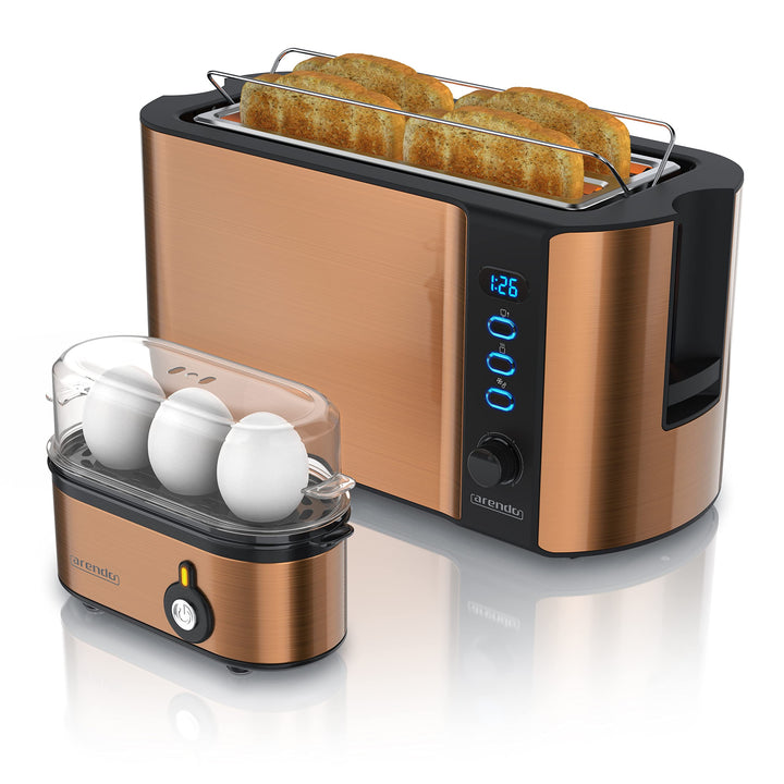 Arendo - Set Toaster FRUKOST mit Eierkocher THREECOOK Edelstahl Kupfer, Toaster 4 Scheiben, LED-Disp