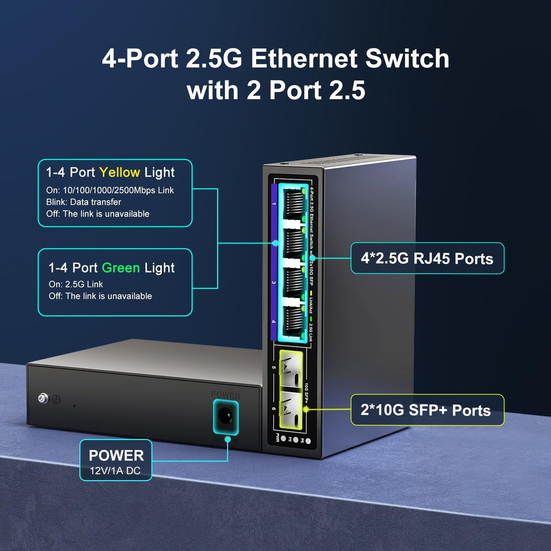 6-Port 2.5G Unmanaged Ethernet Switch, 4 x 2.5G Base-T-Ports, 2 x 10G SFP+, kompatibel mit 100/1000/