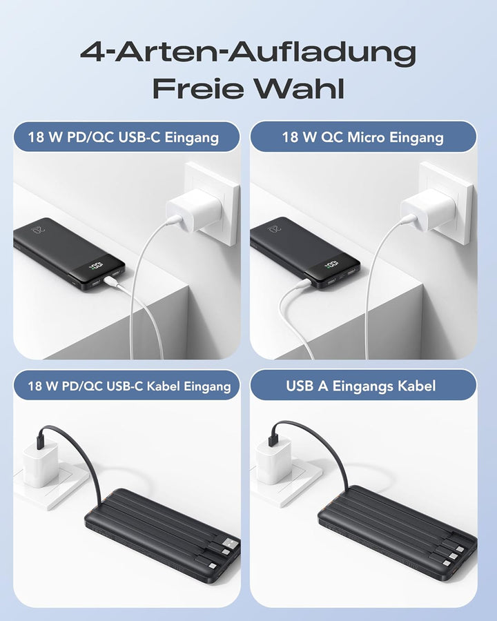 Orfeika 20000mAh Powerbank mit 4 Integrierten Kabeln, 20W PD-Schnellladung Power Bank, Externer Akku
