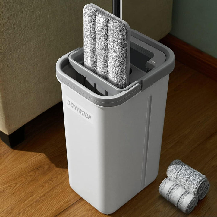 JOYMOOP Wischmopp und Eimer mit Auswringer-Set, freihändiger flacher Bodenwischer und Eimer, mit 3 w