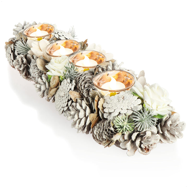 COM-FOUR® Adventskranz länglich, Kerzenständer Weihnachten für 4 Kerzen, Kerzenhalter, Adventsgestec