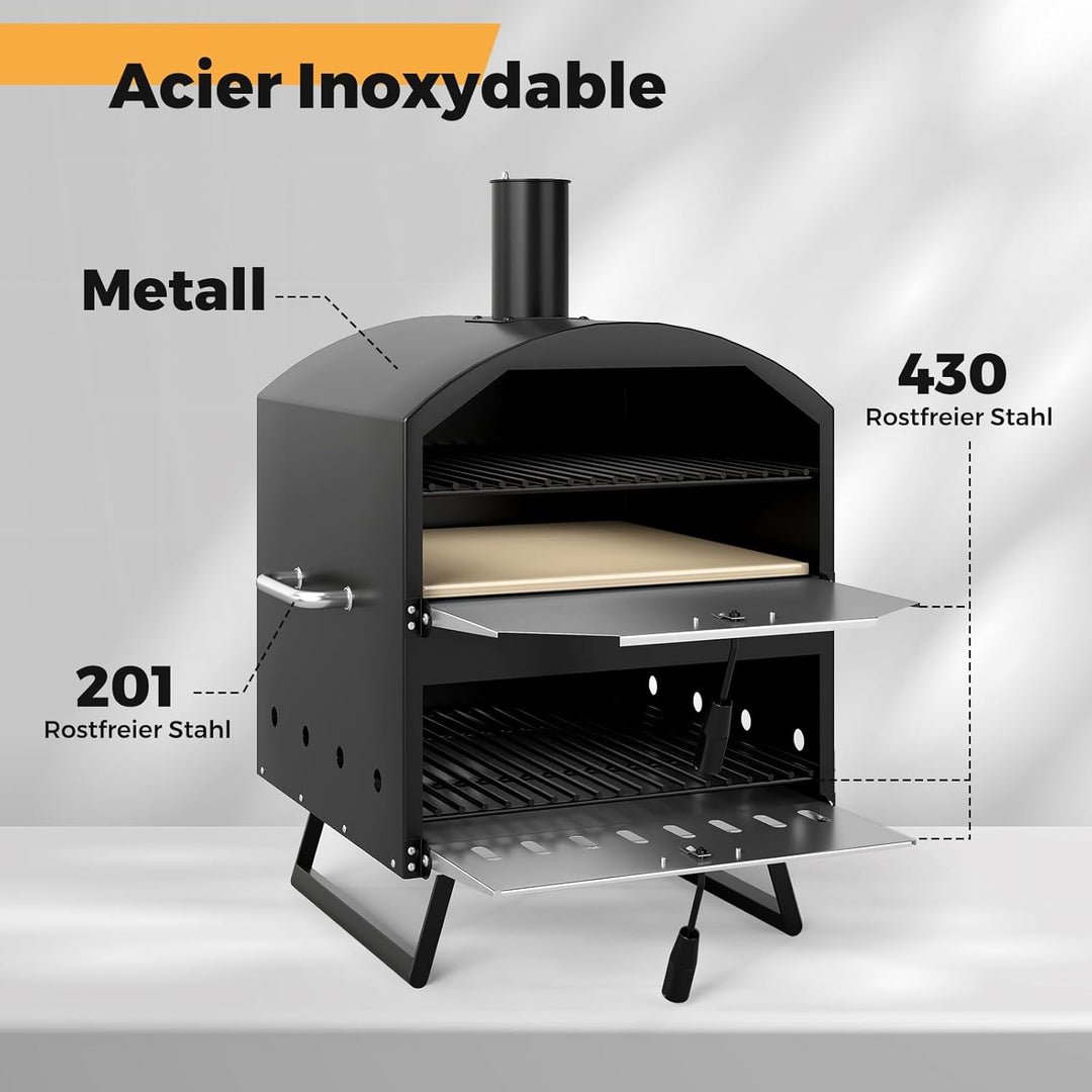 COSTWAY Outdoor Pizzaofen, 2-lagigem Pizza Ofen mit Grillrost, Pizzaschaufel, quadratischem Stein, w