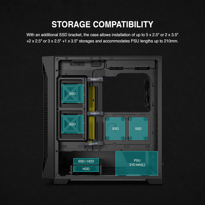 GAMDIAS Athena P1 ATX Mid Tower Gaming-PC-Gehäuse mit gehärtetem Glas und hervorragendem Luftstrom-D