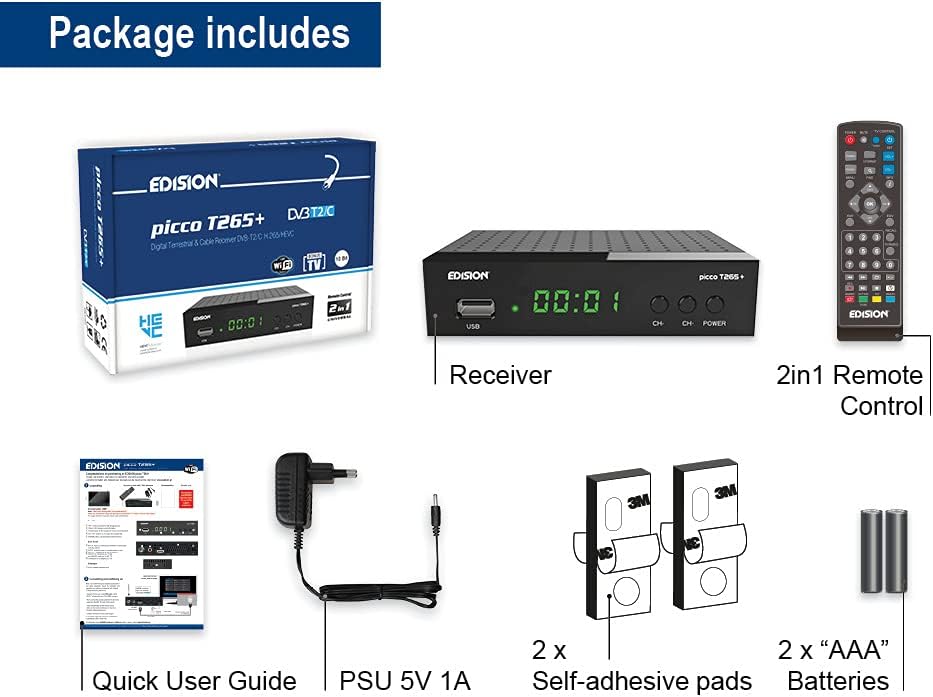Edision Picco T265+ Terrestrischer DVB-T2 und Kabel DVB-C Receiver, H265 HEVC, FTA Full HD PVR, USB,