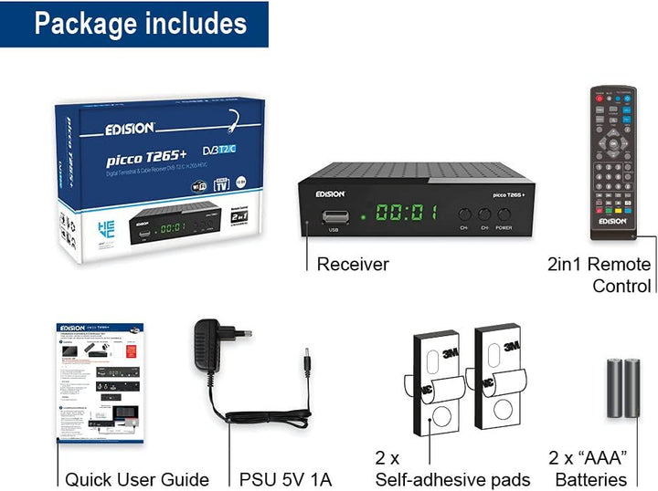 Edision Picco T265+ Terrestrischer DVB-T2 und Kabel DVB-C Receiver, H265 HEVC, FTA Full HD PVR, USB,