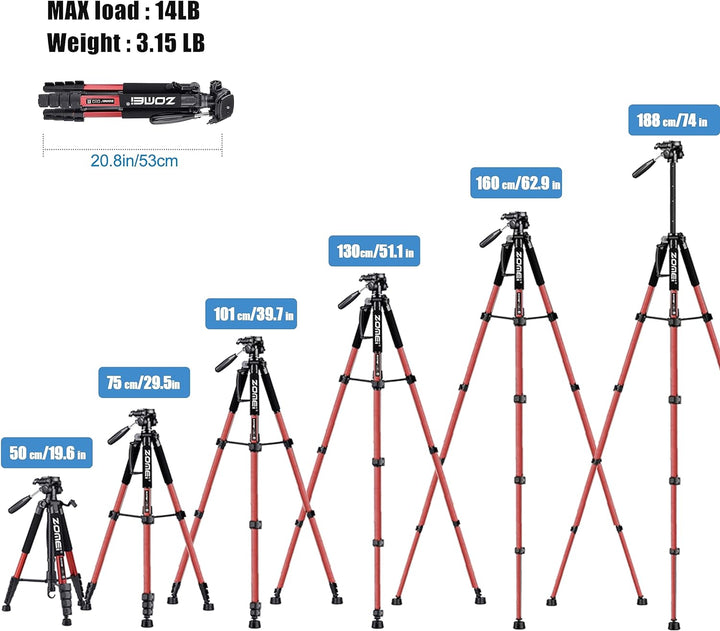 ZOMEi 188cm Stativ Heavy Duty Tall Tripod Stand, Professional Travel Video Tripod Kompatibel mit DSL