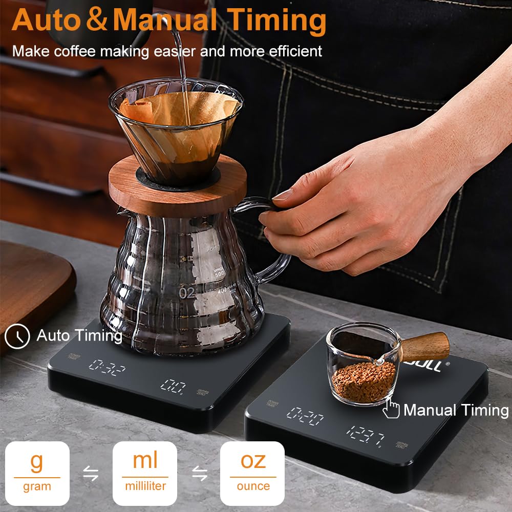 OBEST Mini Kaffeewaage mit Timer, 3kg/0.1g Hochpräzise Wiederaufladbare Digitale Kaffeewaage,Tragbar