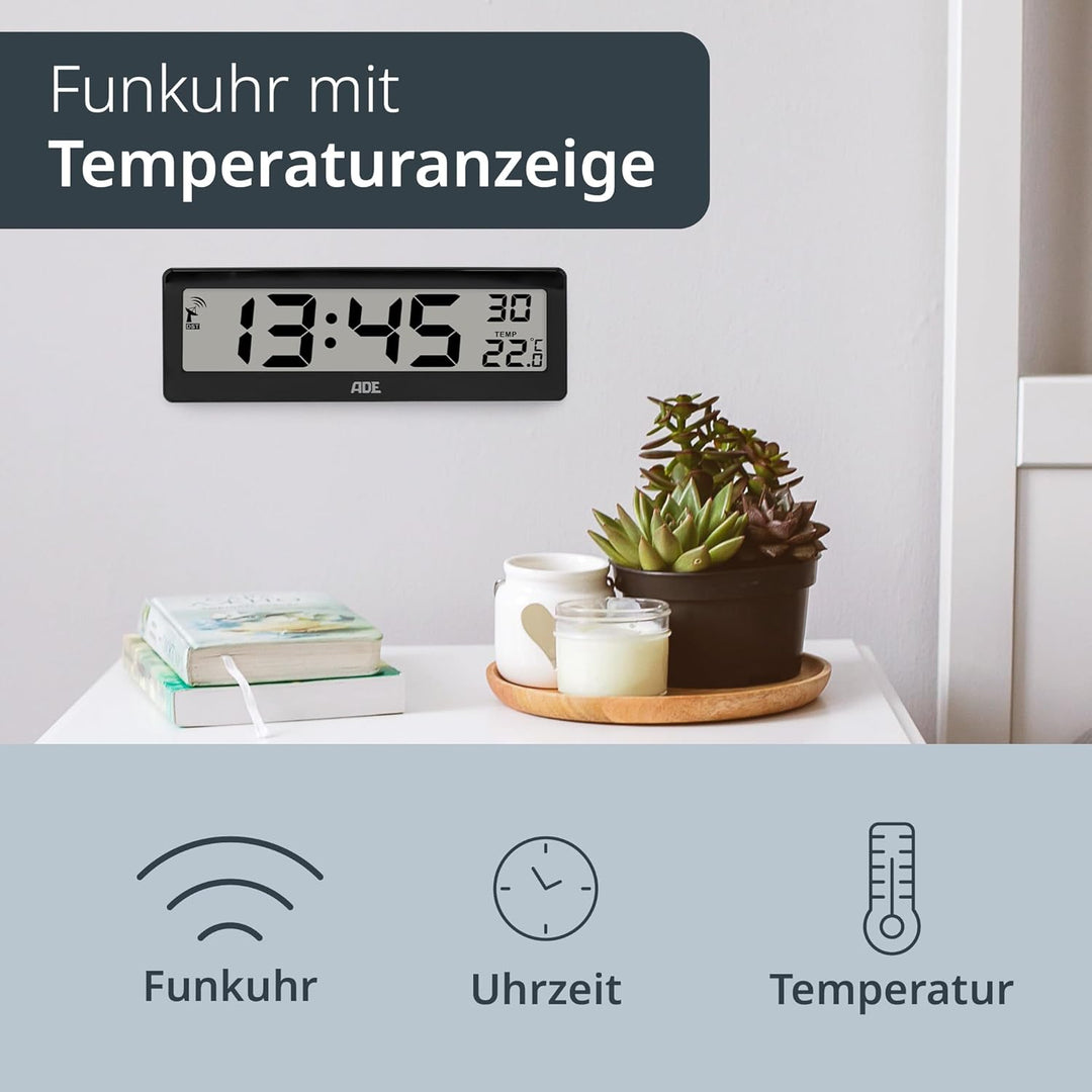 ADE Digitale Funkuhr Wohnzimmer mit Temperaturanzeige | sehr grosse Ziffern | gut ablesbares Display