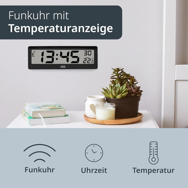 ADE Digitale Funkuhr Wohnzimmer mit Temperaturanzeige | sehr grosse Ziffern | gut ablesbares Display
