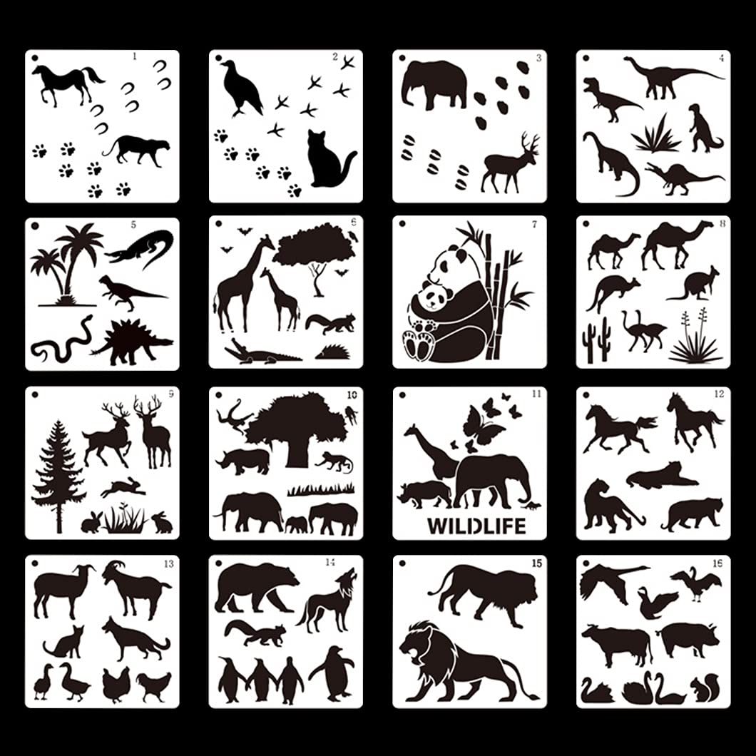 Rolin Roly 16Pcs Tiermalerei Schablone Waldtiere Schablonen Wiederverwendbare Kamel Kunststoff Zeich