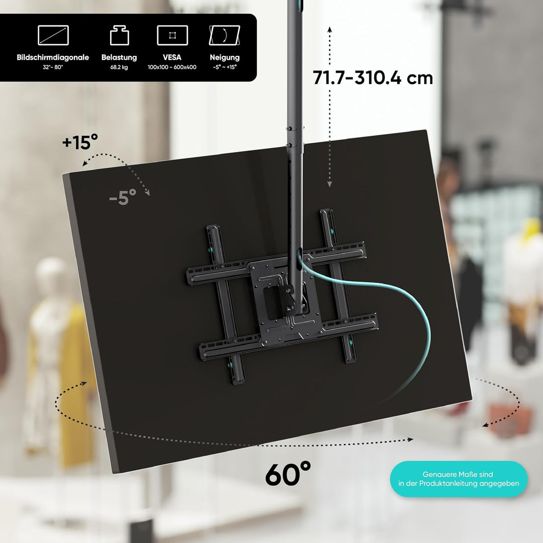 ONKRON TV Deckenhalterung für 32-80 Zoll Fernseher bis 68 kg, TV Halterung Decke extra lang, höhenve