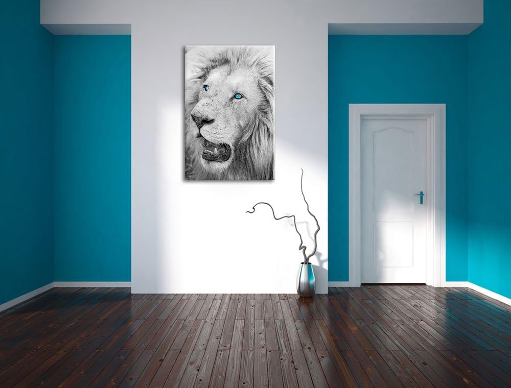 prächtiger weisser Löwe schwarz/weiss auf Leinwand, XXL riesige Bilder fertig gerahmt mit Keilrahmen