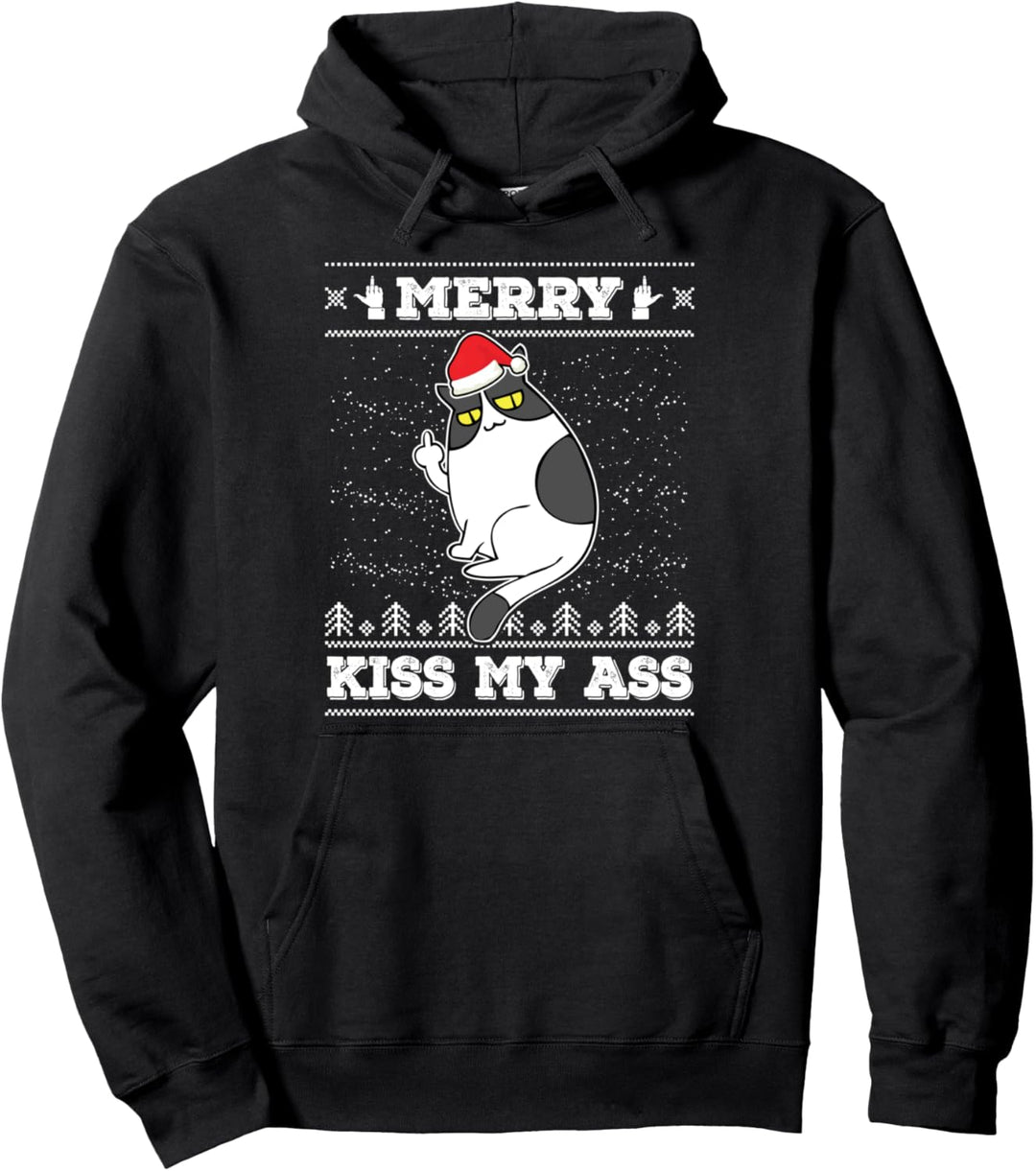 Merry Kiss My Ass Katze Santa Claus Ugly Christmas Sweater Pullover Hoodie