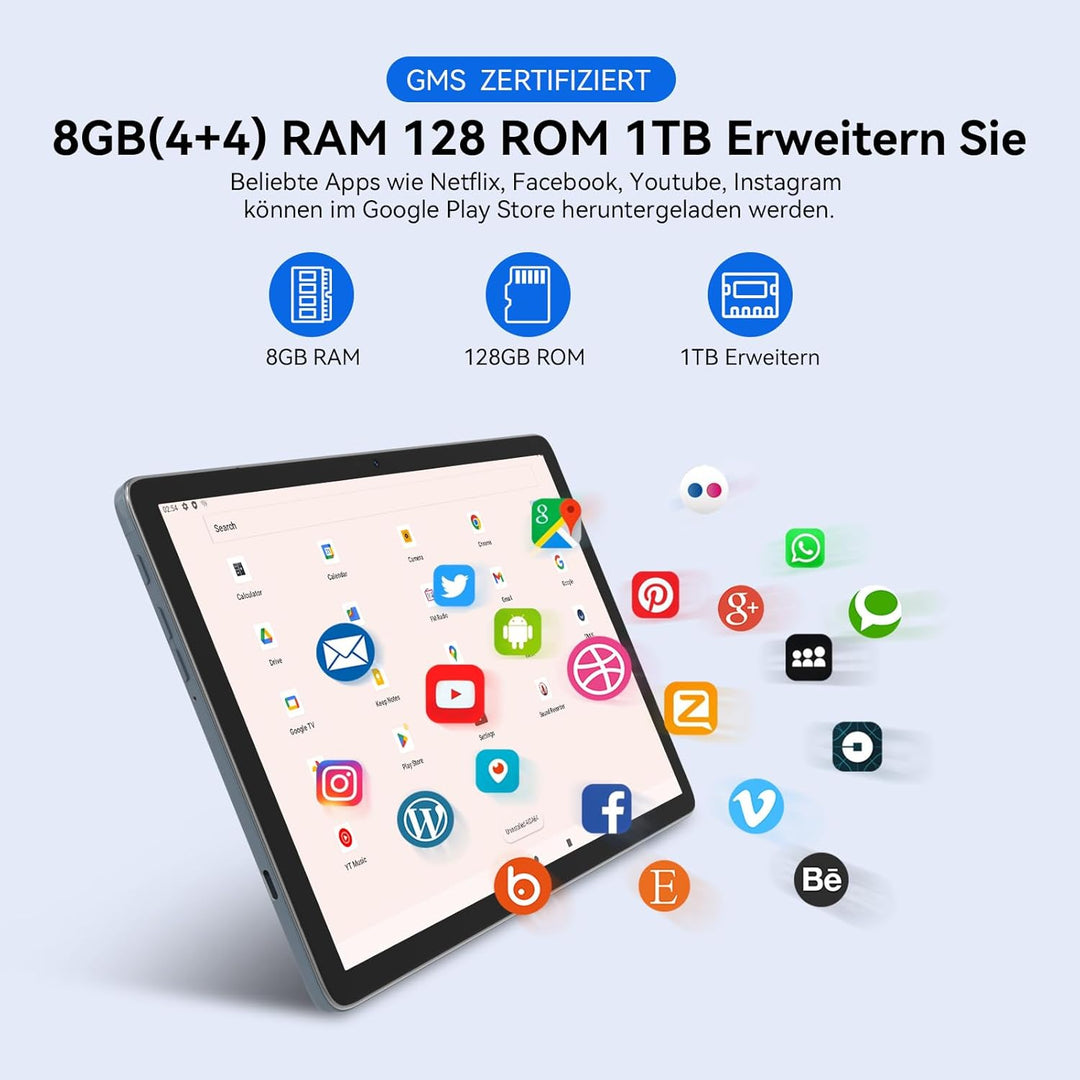 2024 Neueste Android Tablet | 5G+2.4G WLAN Tablet Pc | Octa-Core 128GB ROM(TF 1TB) | 10,1" Touch Dis