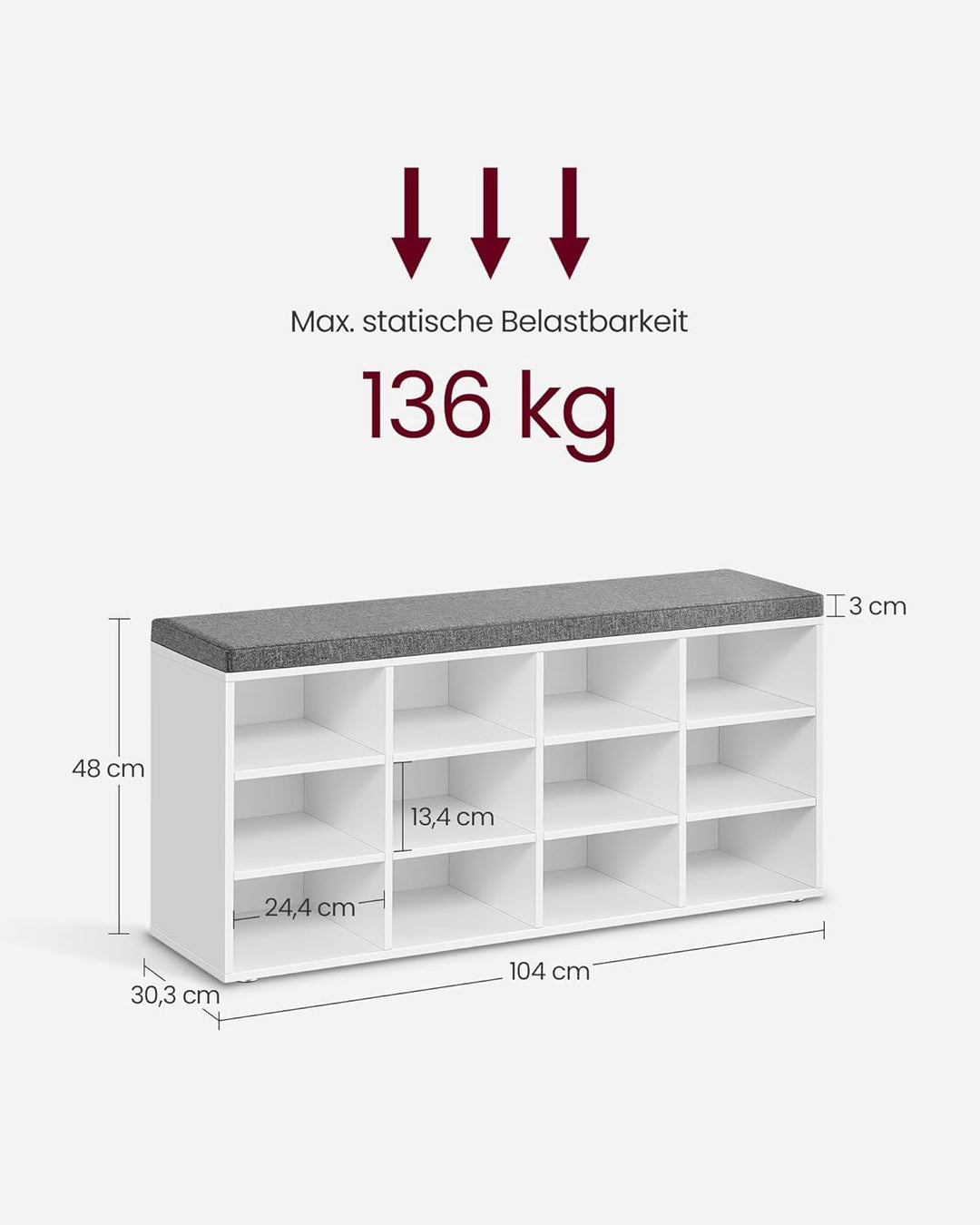 VASAGLE Schuhbank, Schuhregal mit Sitzfläche, Sitzbank mit Stauraum, Kissen, 12 Fächer, verstellbare