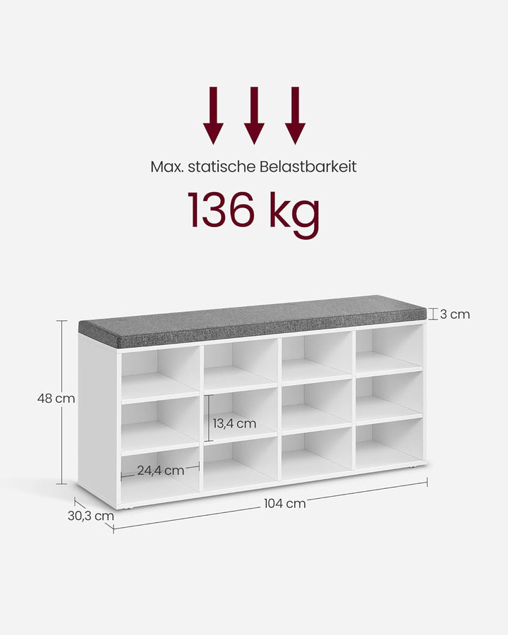 VASAGLE Schuhbank, Schuhregal mit Sitzfläche, Sitzbank mit Stauraum, Kissen, 12 Fächer, verstellbare