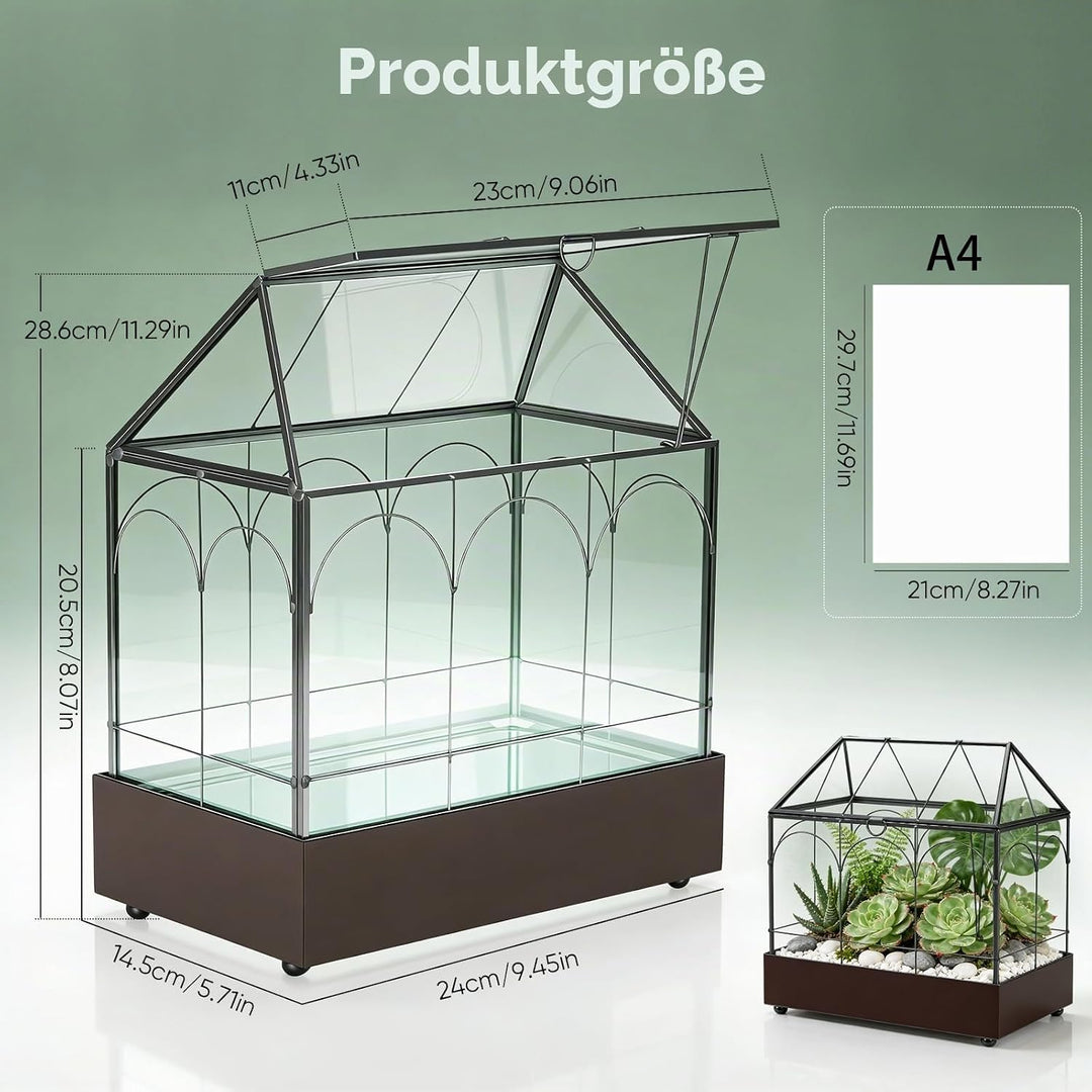 Mini Gewächshaus, 24x14,5x28cm Terrarium mit Aufklappbarem Glasdeckel, Volltransparentem Glas und Bo