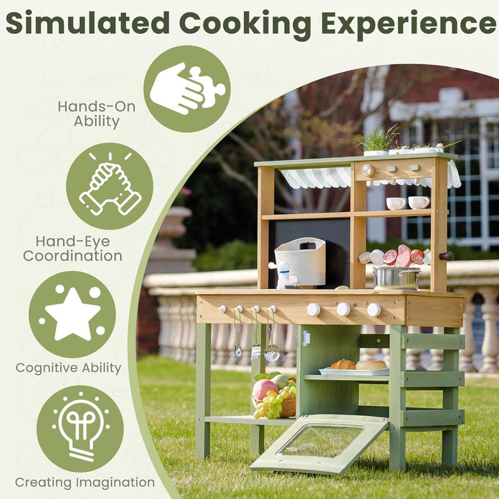 ROBUD Hölzerne Matschküche für Kinder, 17 PCS Pretend Play Kitchen Set mit Wasserspüle, Tafel & Küch