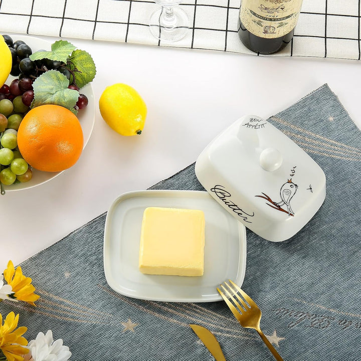 Butterdose mit Griff für 250g Butter, Hochwertige Keramik, Weiss mit Farbigem Vogelmuster, Porzellan