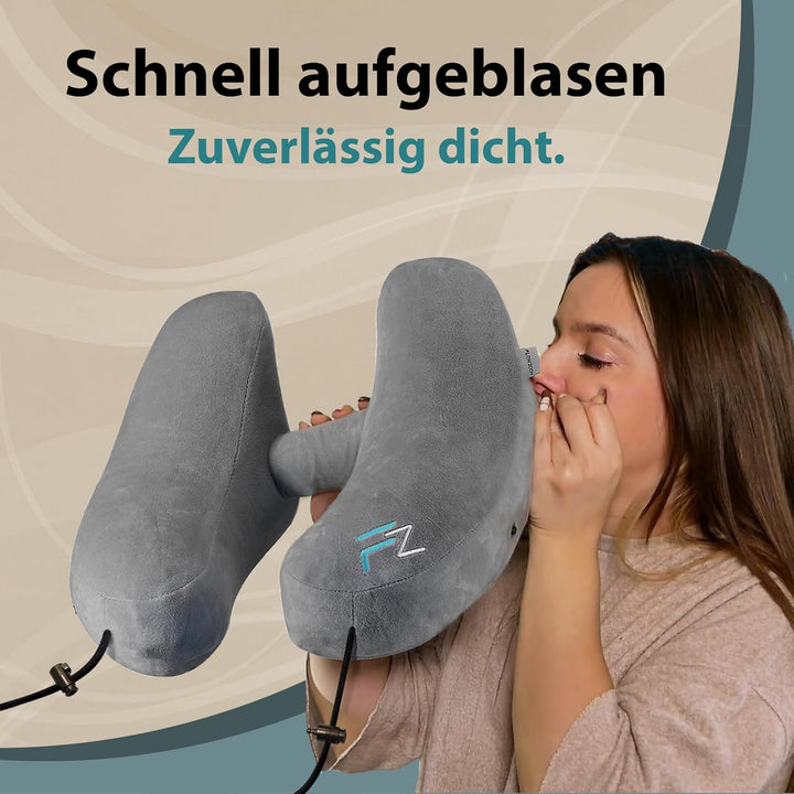 Nackenkissen aufblasbar von FLOWZOOM - aufblasbares Nackenhörnchen für Reisen in Flugzeug, Auto, Zug