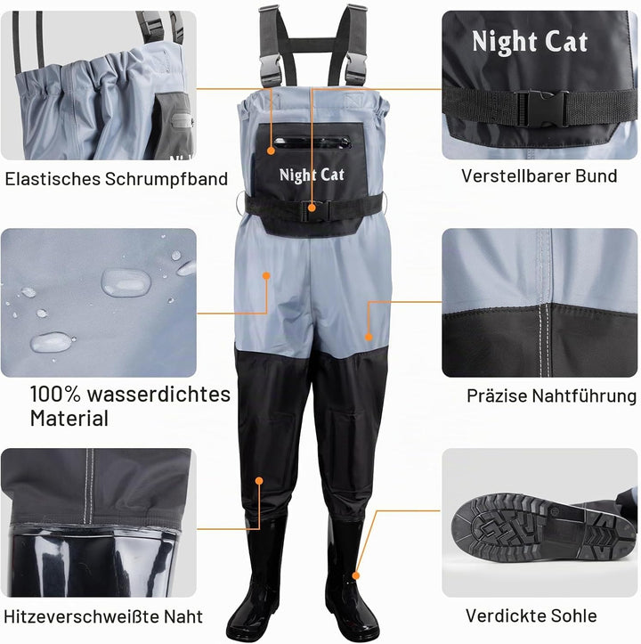 Night Cat Wathose Für Kinder Wathose mit Stiefeln wasserdichte Atmungsaktive Crosswater Waders Blau