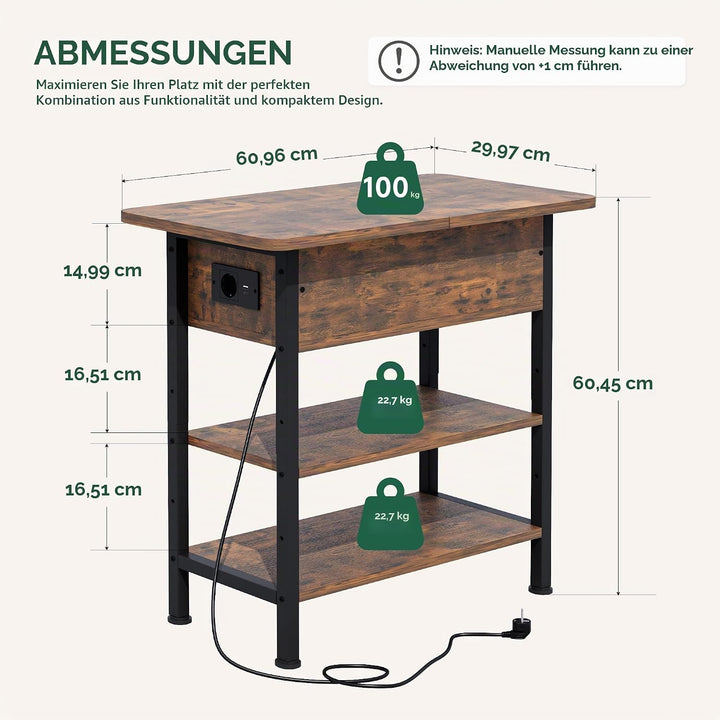 Beistelltisch, Nachttisch mit Steckdose, Schmal Couchtisch mit Schubladen