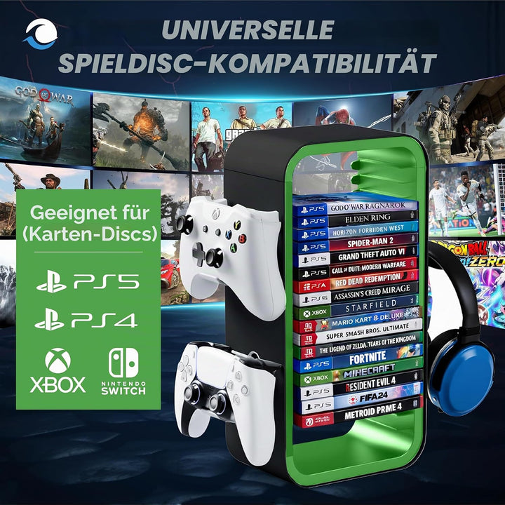 Universal Games Storage Tower Pro - Bis zu 18 Spiele - Mit Controller Halterung für bis zu 4 Gamepad