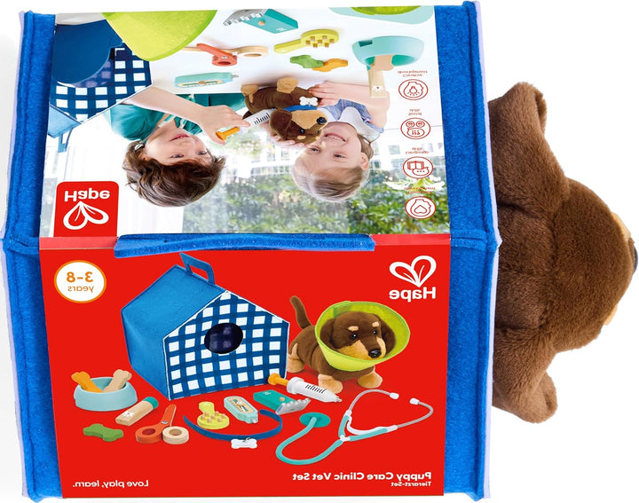 Hape Tierarzt-Set, Interaktiver Hund mit tragbarer Hundehütte, viel Zubehör, ab 3 Jahren