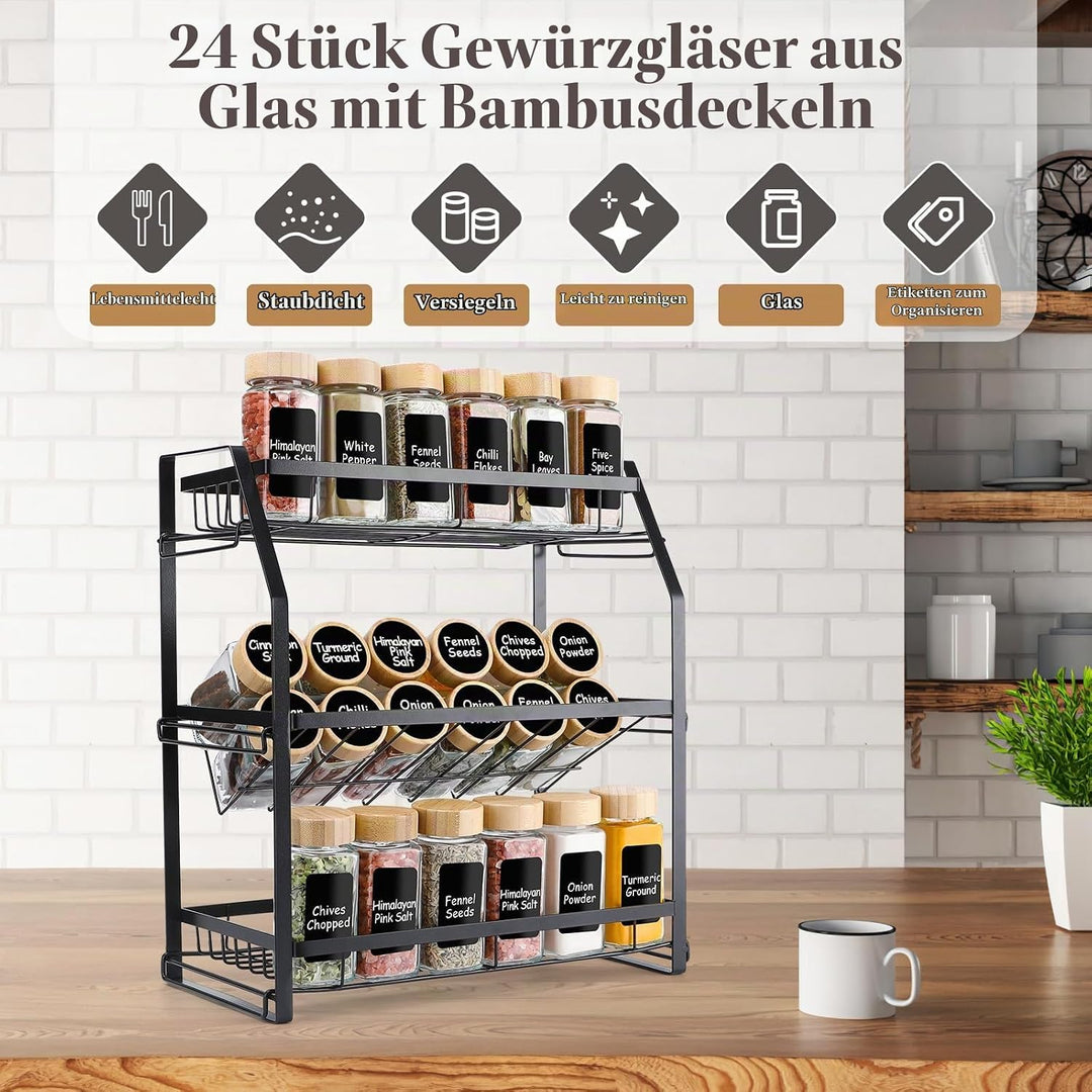 Lannvan Gewürzgläser Eckig, [24x 120ml] Gewürzgläser mit Streueinsatz, Gewürzgläser mit Bambusdeckel