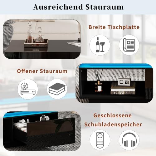 Merax Couchtisch mit LED-Beleuchtung, Hochglanz-Oberfläche, 1 Schublade, 100x50x40 cm, Moderner Sofa