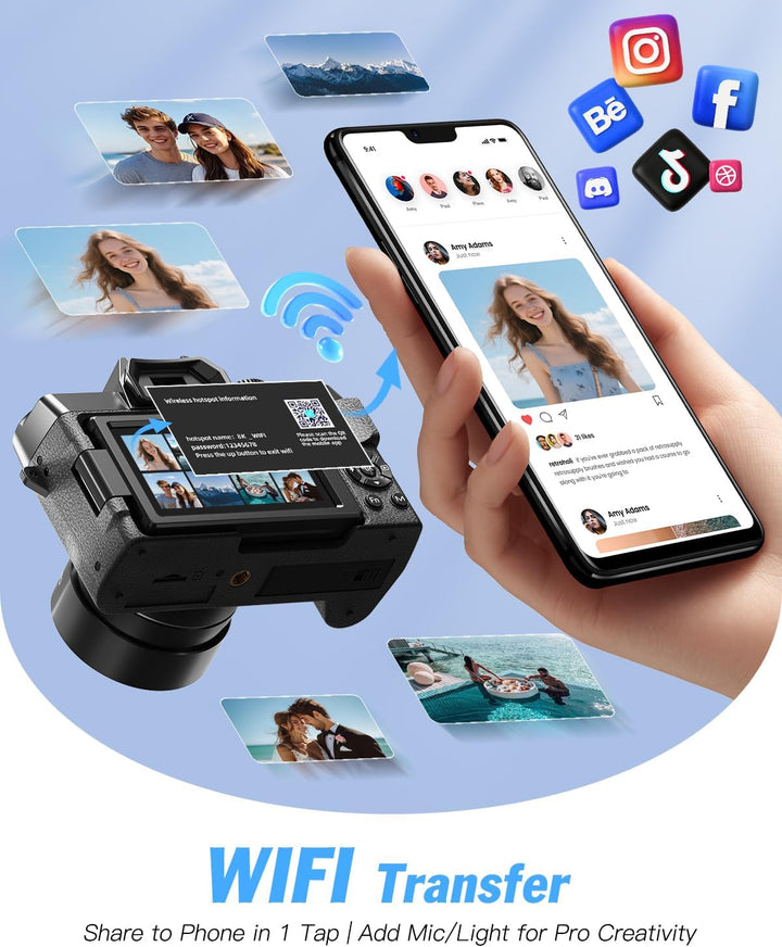 64MP 8K Digitalkamera mit drehbarem Display, 16X Digitalzoom, Autofokus, Anti-Shake, Kompaktkamera f
