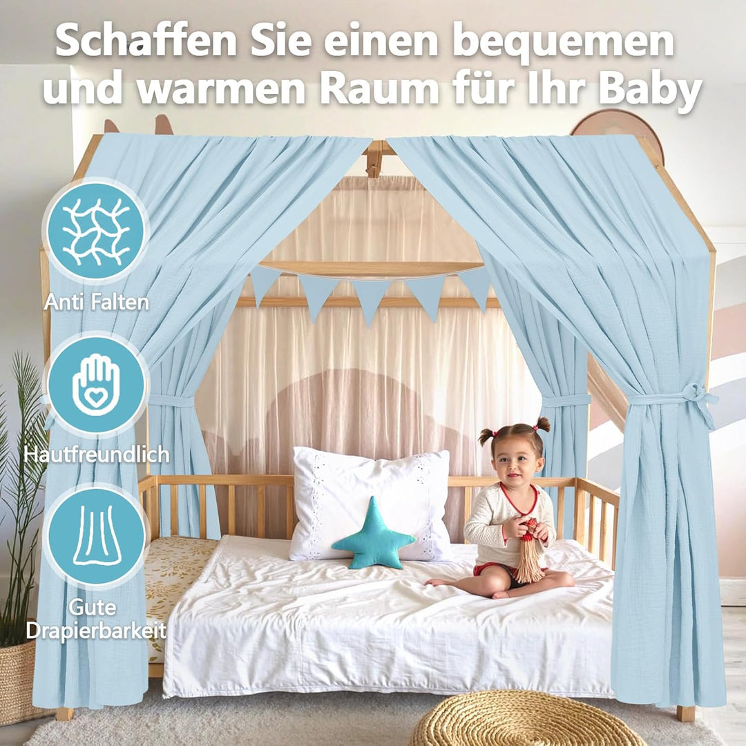Alishomtll Hausbett Himmel Deko Set, 2 Betthimmel Hausbett aus 100% Baumwolle Musselin, 1 Wimpelkett