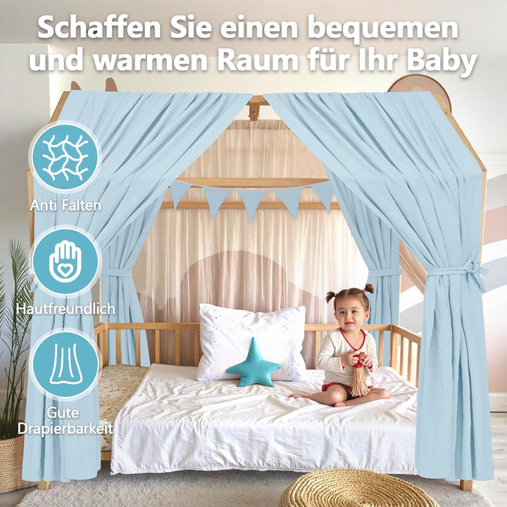 Alishomtll Hausbett Himmel Deko Set, 2 Betthimmel Hausbett aus 100% Baumwolle Musselin, 1 Wimpelkett