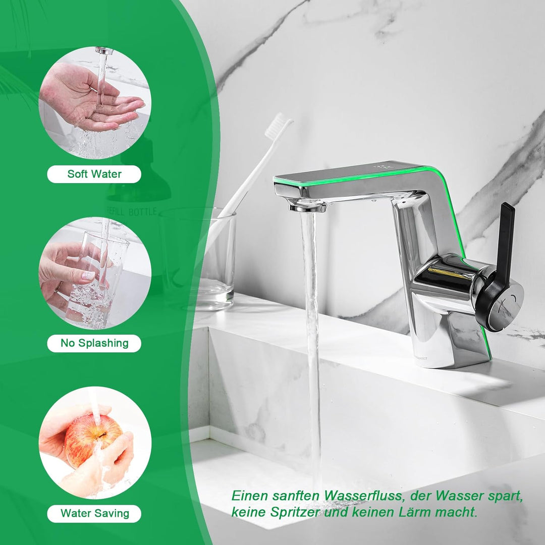 Wasserhahn Bad mit LED-Temperaturanzeige Badarmatur,Waschtischarmatur aus Messing Einhebelmischer Ba