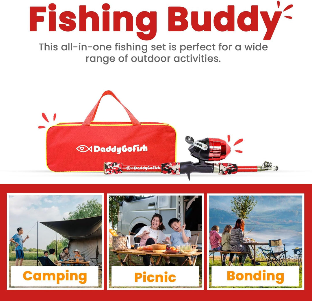 DaddyGoFish Kinder Angelset - Teleskoprute & Rolle Combo mit Klappstuhl, Rutenhalter, Tackle Box, Kö