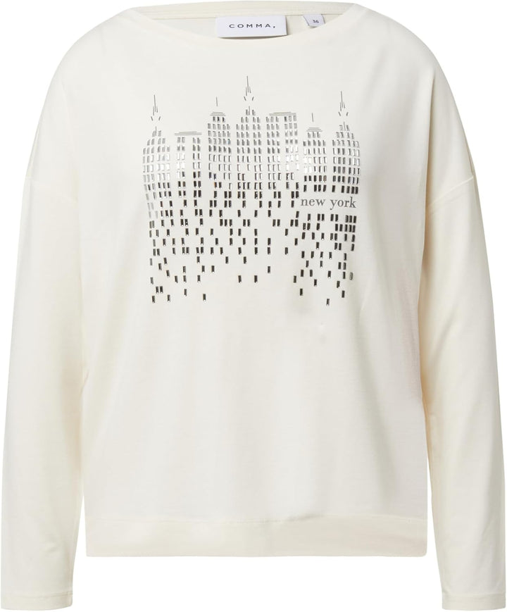 Comma Langarmshirt mit Frontprint und Strassdetails 34 04l0_creme, 34 04l0_creme
