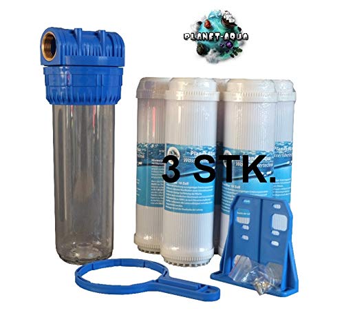 Wasser Filtergehäuse Set 10 Zoll 3/4" GW + 3 Aktivkohle Granulat Filter Kartuschen - Bakterien Kalk