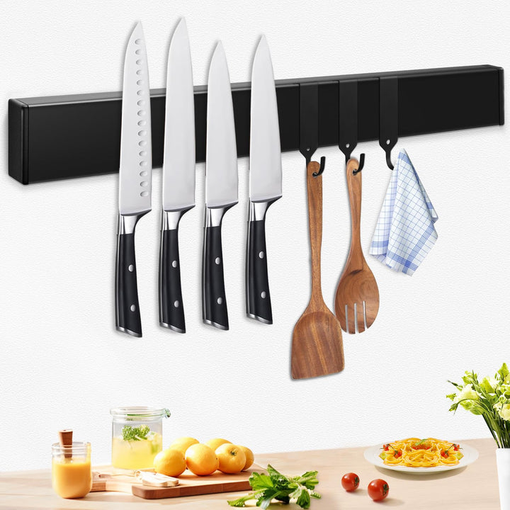 Pailexin Magnetleiste Messer mit 3 Haken, schwarz Messerhalter magnetisch ohne Bohren für die Wand,