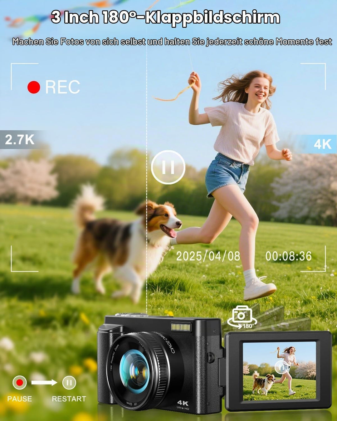CAMKORY 4K Digitalkamera 48MP Kompaktkamera Fotokamera Autofokus mit 180° Flip-Bildschirm,16X Digita
