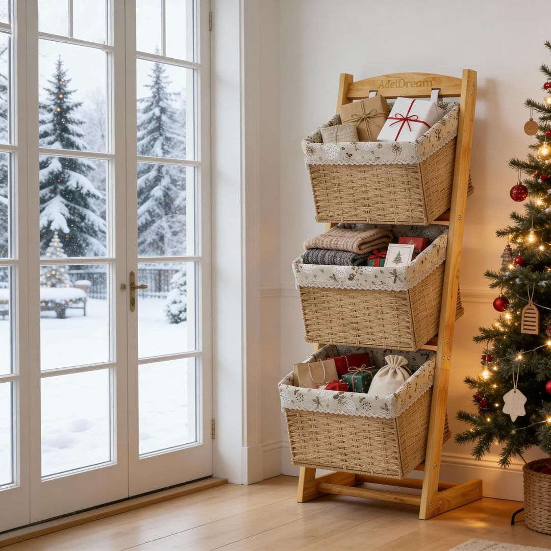 AdelDream Wäschekörbe 3 faltbare Körbe Sortier-Aufbewahrungskorb mit Blumenbeutel Massivholz-Schmutz